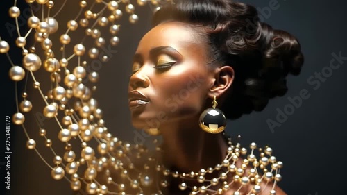 Wallpaper Mural Jewelry fashion portrait, woman in luxury creative golden pearls jewels, glamour female african American model with beauty face makeup wearing expensive gold stylish Jewelry on black background Torontodigital.ca