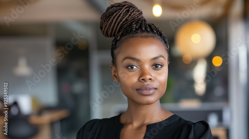 A young professional woman with braided hair bun and calm confidence stands in a modern office setting with a focused expression, ready for work. photo