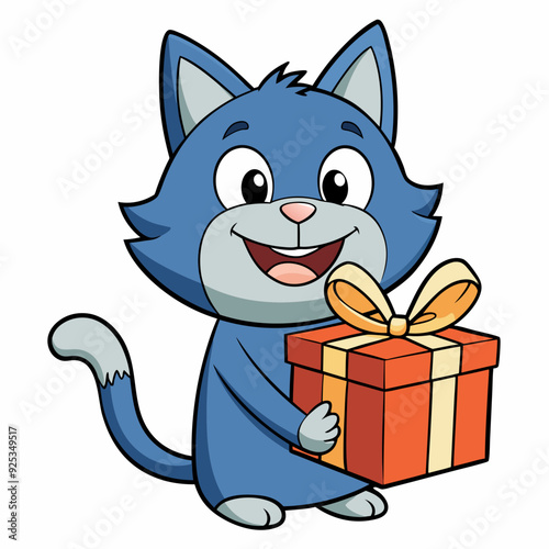 Smiling cat holding a small gift box  art vector illustration