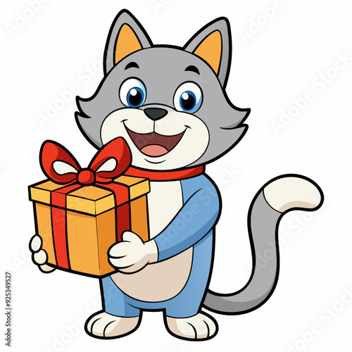 Smiling cat holding a small gift box  art vector illustration