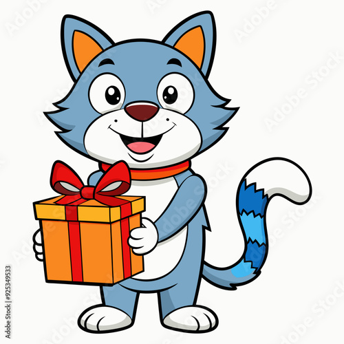 Smiling cat holding a small gift box  art vector illustration