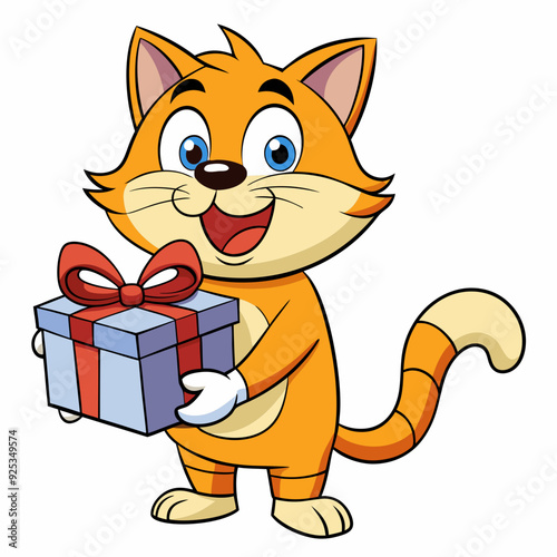 Smiling cat holding a small gift box  art vector illustration
