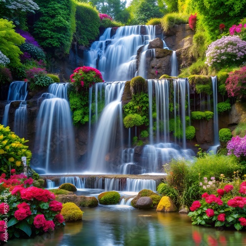 Fototapeta Naklejka Na Ścianę i Meble -  A cascading waterfall surrounded by lush greenery and colorful flowers