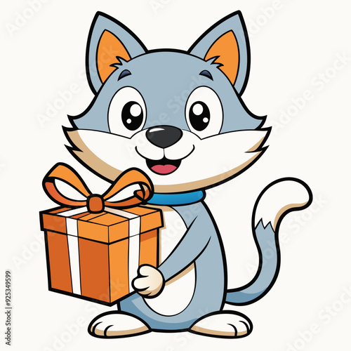 Smiling cat holding a small gift box  art vector illustration