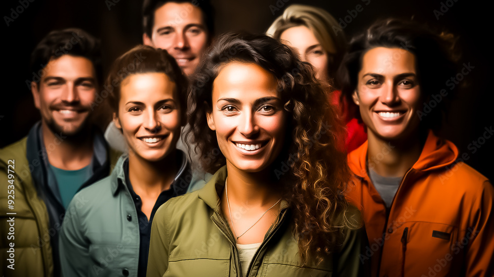 A group of people posing for a photo with a woman wearing a green jacket, group of friends, group, group of people