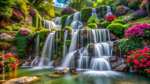 A cascading waterfall surrounded by lush greenery and colorful flowers