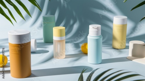 Wallpaper Mural An assortment of pastel-colored cosmetic bottles set against a soft backdrop, conveying elegance and modernity in skincare products. Torontodigital.ca