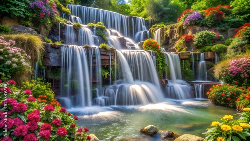 A cascading waterfall surrounded by lush greenery and colorful flowers