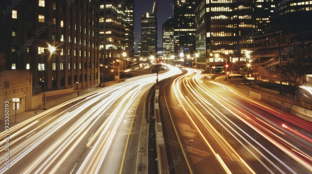 Long-exposure shot of a bustling urban highway at night, with light trails creating dynamic patterns against the city skyline.