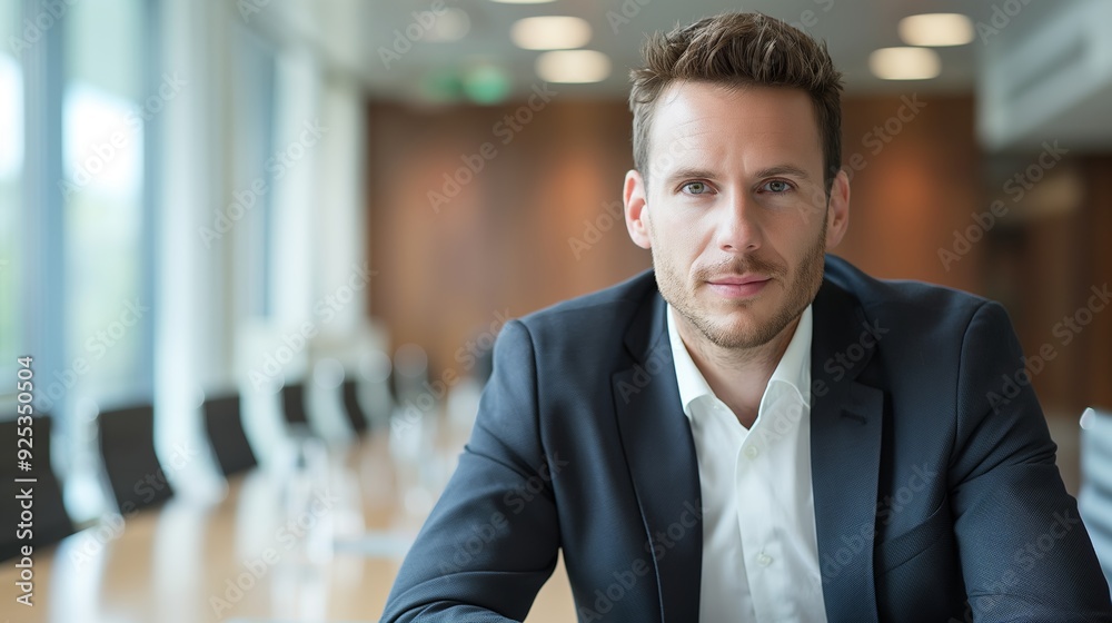 Fototapeta premium A businessman in a blue suit sits at a meeting room table with a serious expression, ready to discuss and engage in important business decisions.