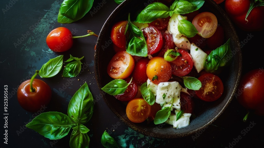 A bowl of fresh, colorful tomato and basil salad, garnished with herbs and cheese, delights with its vibrant display of ingredients. A bowl of fresh, colorful tomato and basil salad, garnished with herbs and cheese, delights with its vibrant display of ingredients.