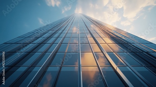 Low Angle View of a Modern Skyscraper with Glass Facade Reflecting Clouds