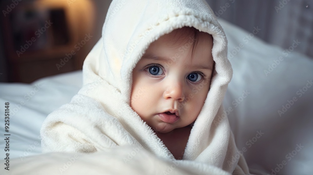 A child wrapped in a white towel on a bed. You can see the baby's face. A child wrapped in a white towel on a bed. You can see the baby's face.