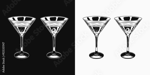 Halloween cocktail in martini glass with eyeball. Poison potion. Black and white illustration. Vintage style
