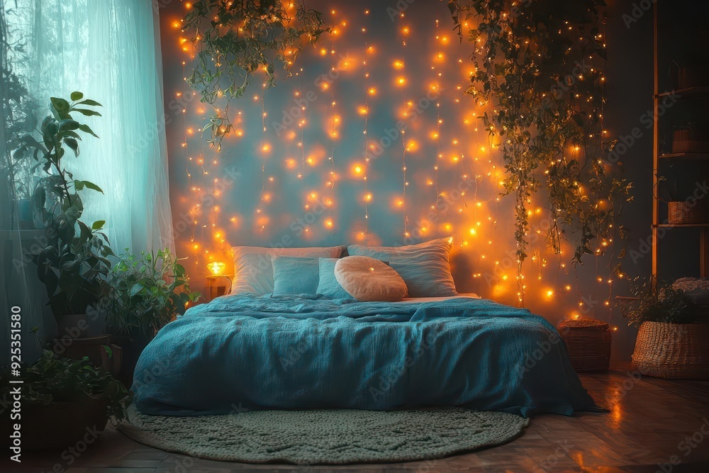 enchanted forest bedroom with bioluminescent plants fairy lights ...