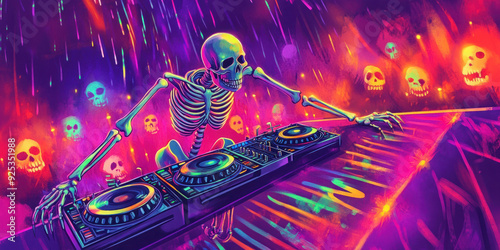 Skeleton DJ mixing music in a vibrant, neon-lit Halloween party with glowing skulls and energetic atmosphere