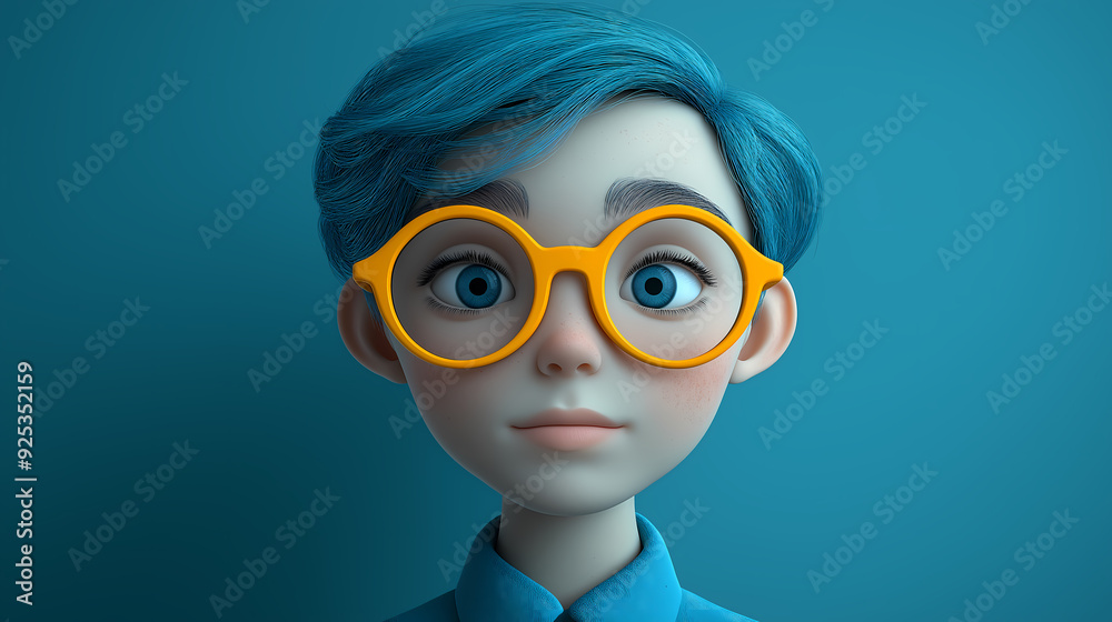 A vibrant 3D illustration of a whimsical character with blue hair and large yellow glasses, showcasing a playful and imaginative design. A vibrant 3D illustration of a whimsical character with blue hair and large yellow glasses, showcasing a playful and imaginative design.