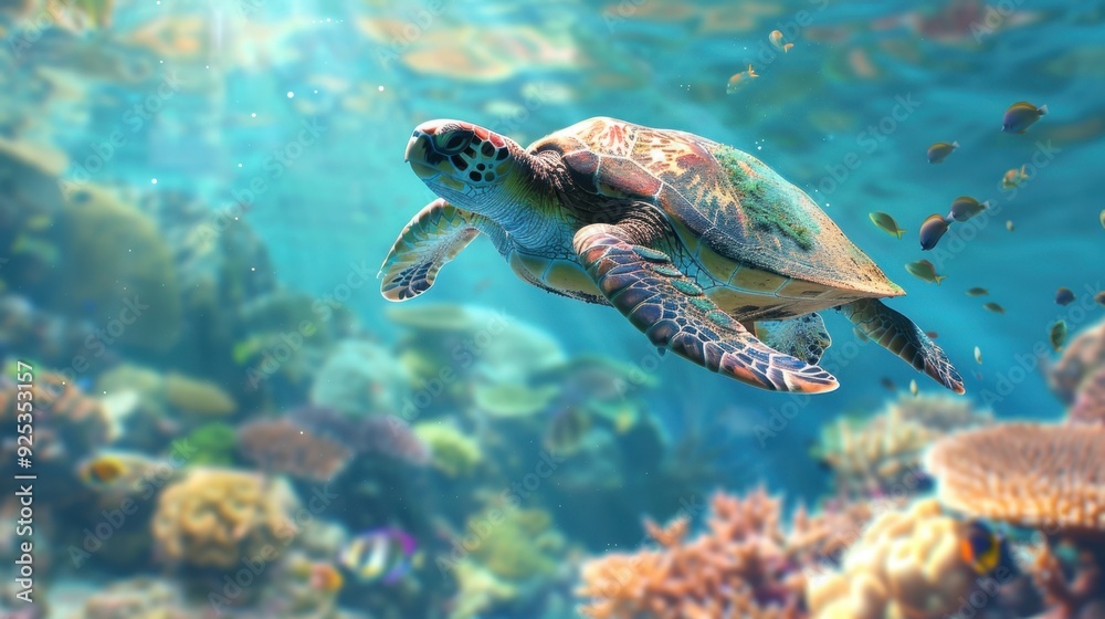 Fototapeta premium A turtle swimming gracefully over a coral reef, highlighting the connection between marine species and their habitats.