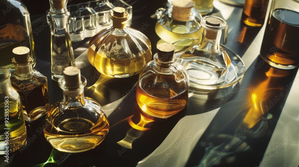 Elegant array of glass bottles filled with colored oils, illuminated by warm sunlight, creating a visually soothing kitchen still life. Elegant array of glass bottles filled with colored oils, illuminated by warm sunlight, creating a visually soothing kitchen still life.
