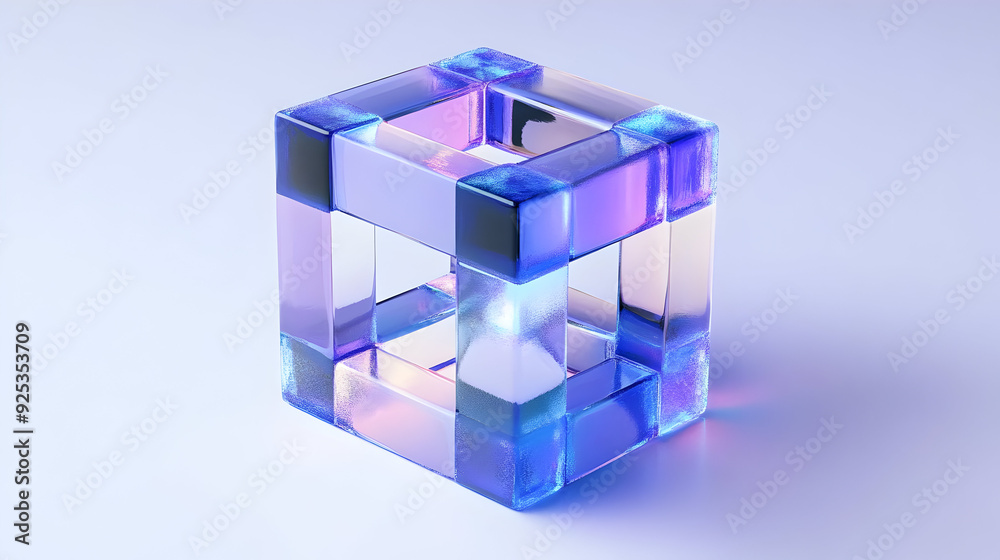 A translucent cube with colorful reflections and geometric design. A translucent cube with colorful reflections and geometric design.