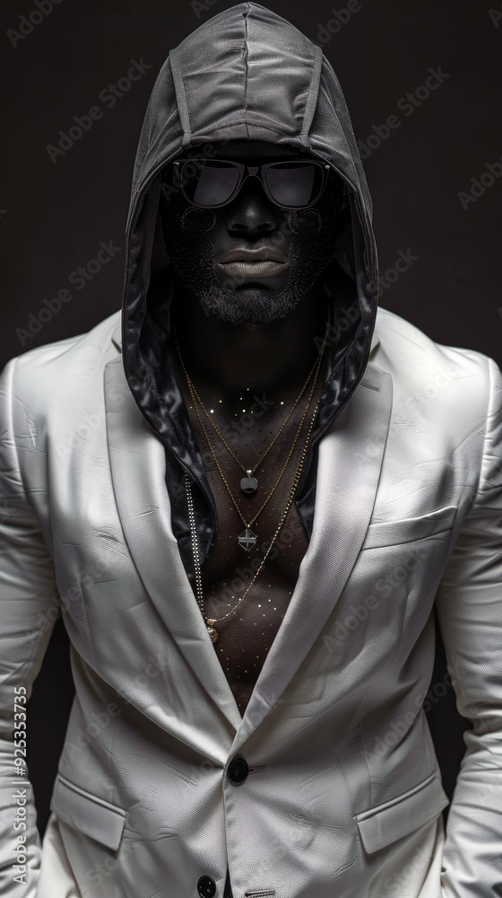 A person in a white suit with a hood and sunglasses on a black background, creating an impression of strength and mystery A person in a white suit with a hood and sunglasses on a black background, creating an impression of strength and mystery