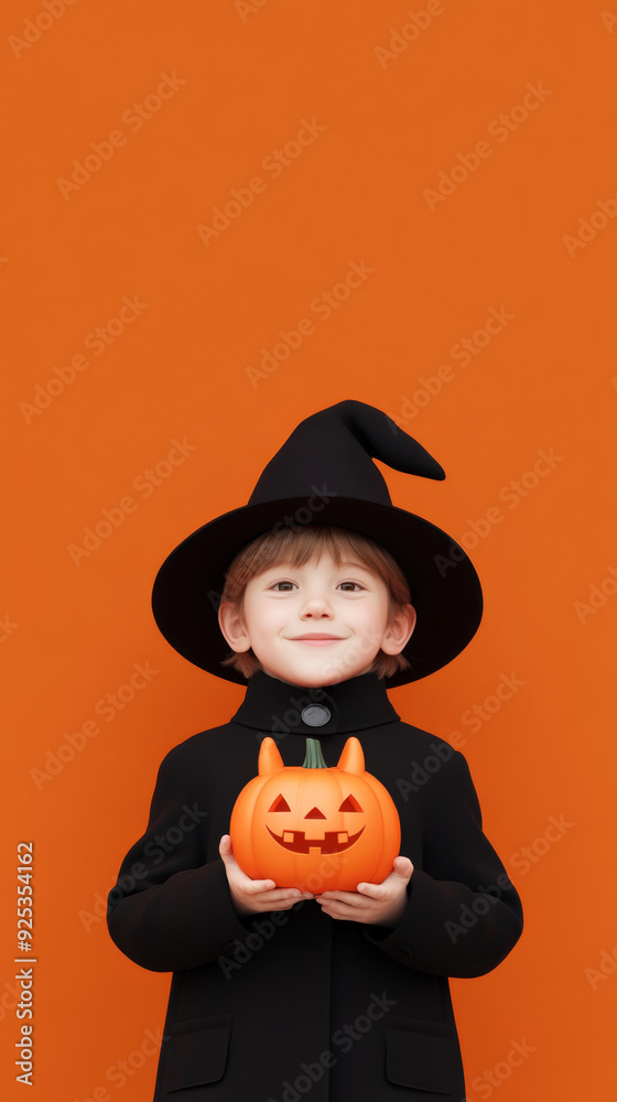 A young boy dressed as a witch holding a small jack-o'-lantern against an orange background. Perfect for Halloween content aimed at children.