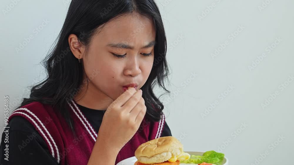 Asian Young Woman Eating Cheese Burger With Big Appetite Asian Young Woman Eating Cheese Burger With Big Appetite
