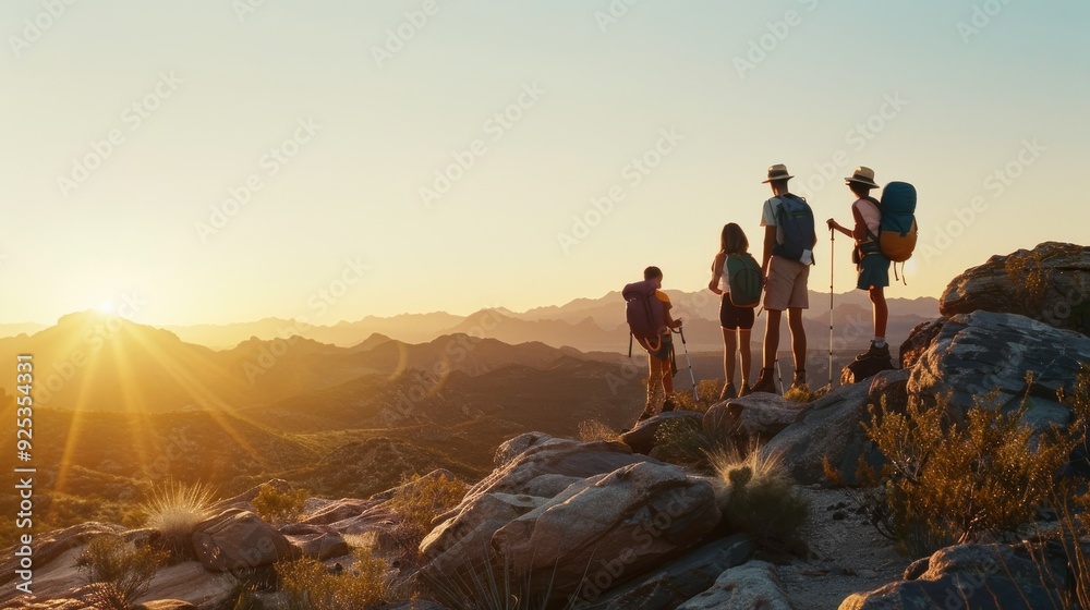 Obraz premium A family of four stands on a rocky outcrop, admiring a breathtaking sunrise over sprawling mountains, symbolizing togetherness and adventure.