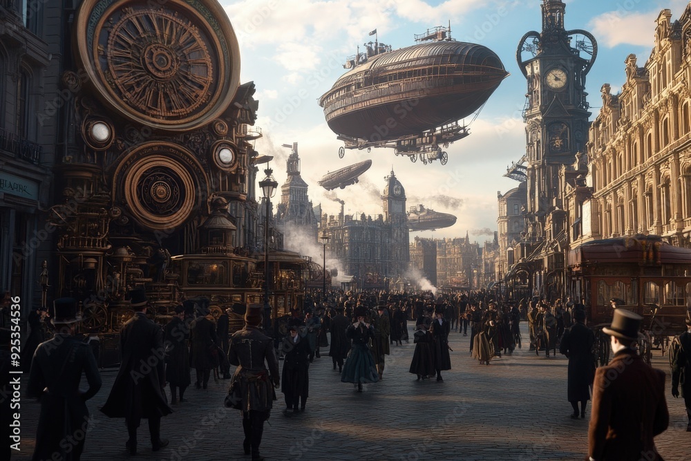 A bustling steampunk city comes to life with airships floating above ...