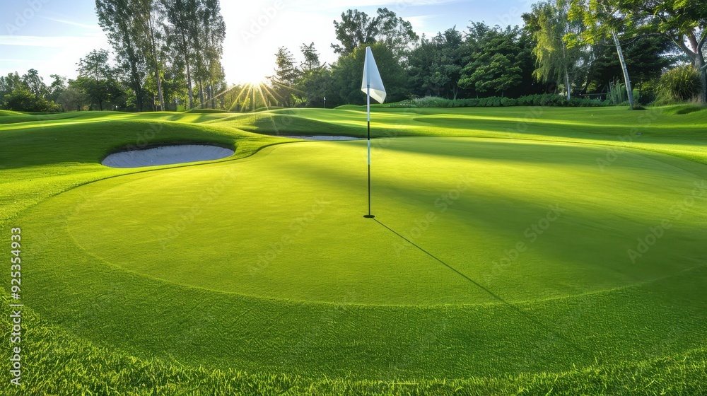 Obraz premium A well-maintained golf green with a flagstick and hole, showcasing the smooth, manicured surface.