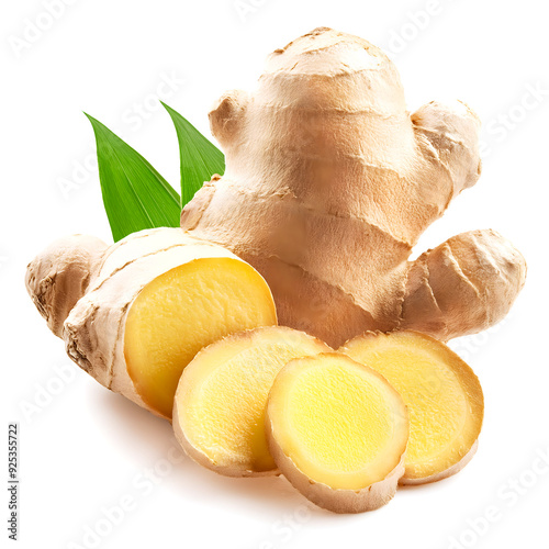 Fresh Ginger Root with Slices Isolated on White Background photo