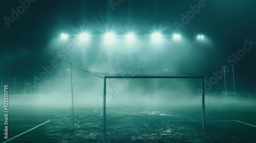 Illuminated soccer goalpost under heavy mist at night, capturing the mystery and anticipation on an empty, foggy field. photo