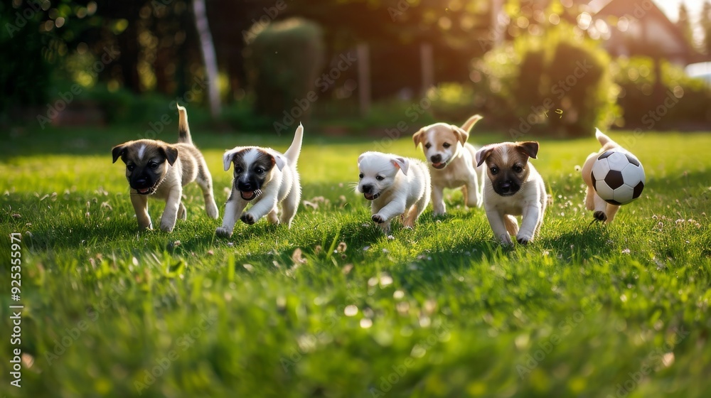 Five playful puppies frolic together on a lush green lawn, with a soccer ball adding to the fun. Five playful puppies frolic together on a lush green lawn, with a soccer ball adding to the fun.