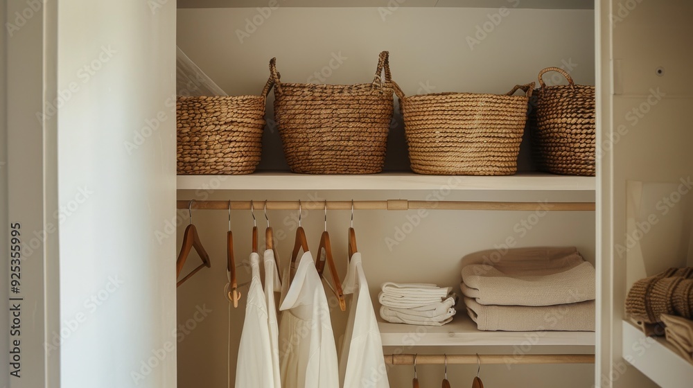 Neatly arranged closet with wicker baskets on the top shelf, white garments on hangers, and folded linens on the bottom shelf, bathed in natural light. Neatly arranged closet with wicker baskets on the top shelf, white garments on hangers, and folded linens on the bottom shelf, bathed in natural light.