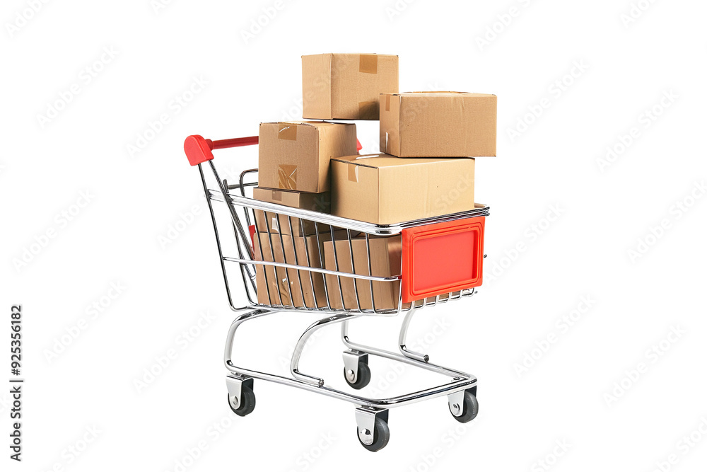Miniature shopping cart with cardboard boxes isolated on a transparent background Miniature shopping cart with cardboard boxes isolated on a transparent background