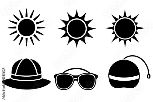 Sun and Weather Icons Sun's, sunglasses, sun hats, clear sky, sunblock. art vector illustration