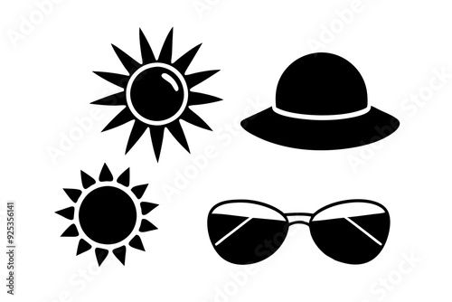 Sun and Weather Icons Sun's, sunglasses, sun hats, clear sky, sunblock. art vector illustration