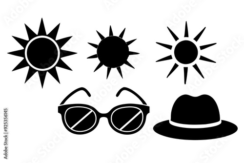 Sun and Weather Icons Sun's, sunglasses, sun hats, clear sky, sunblock. art vector illustration