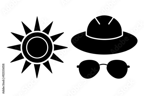 Sun and Weather Icons Sun's, sunglasses, sun hats, clear sky, sunblock. art vector illustration