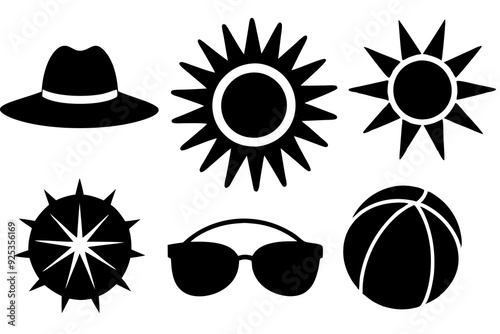 Sun and Weather Icons Sun's, sunglasses, sun hats, clear sky, sunblock. art vector illustration