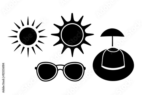 Sun and Weather Icons Sun's, sunglasses, sun hats, clear sky, sunblock. art vector illustration