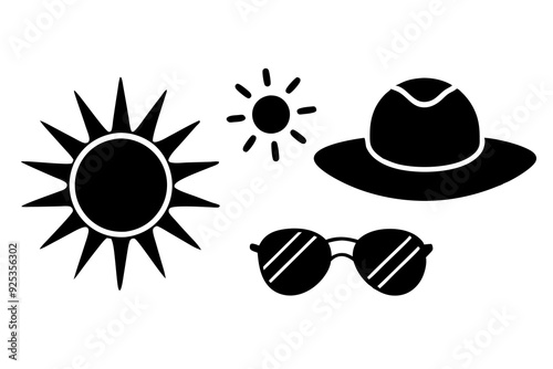 Sun and Weather Icons Sun's, sunglasses, sun hats, clear sky, sunblock. art vector illustration