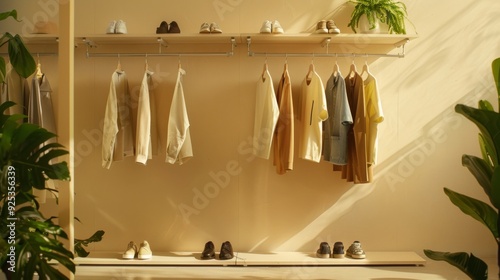 Bright and airy wardrobe with beige garments and shoes, featuring plants and natural light, creating a fresh and tranquil ambiance.