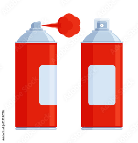 Set of red spray paint cans with silver caps, one spraying paint. Flat vector illustration isolated on white background. Art supplies and graffiti concept. Perfect for creative projects