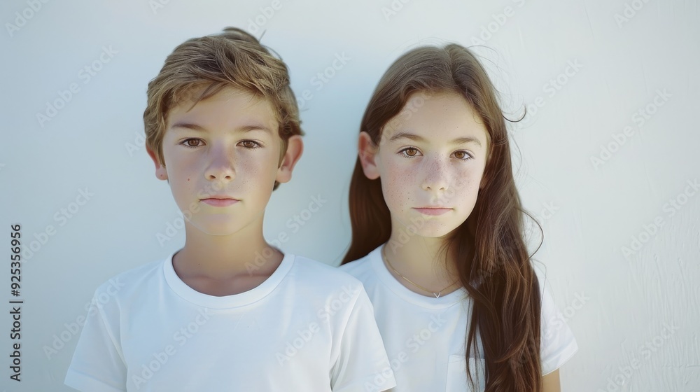 A boy and girl stand side by side against a clean white background, both wearing white t-shirts and displaying calm, serious expressions. A boy and girl stand side by side against a clean white background, both wearing white t-shirts and displaying calm, serious expressions.