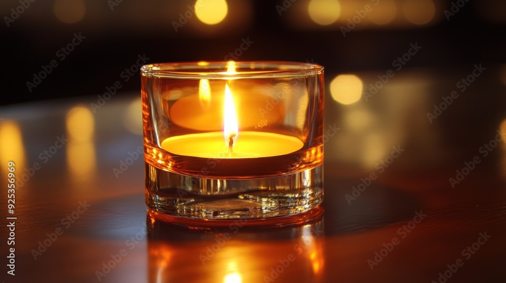 A Single Lit Candle in a Glass Holder on a Wooden Table A Single Lit Candle in a Glass Holder on a Wooden Table