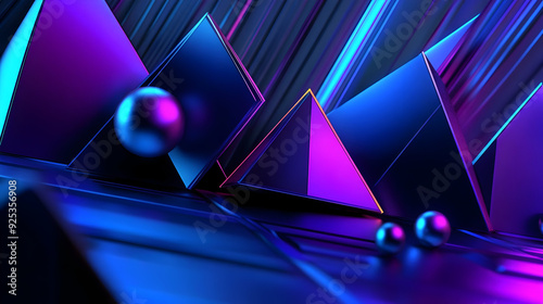 A vibrant 3D composition featuring geometric shapes and spheres in neon colors. photo