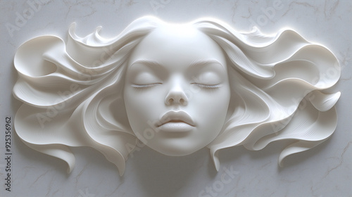 3D White Wall Sculpture of Meditating Woman with Long Wavy Hair