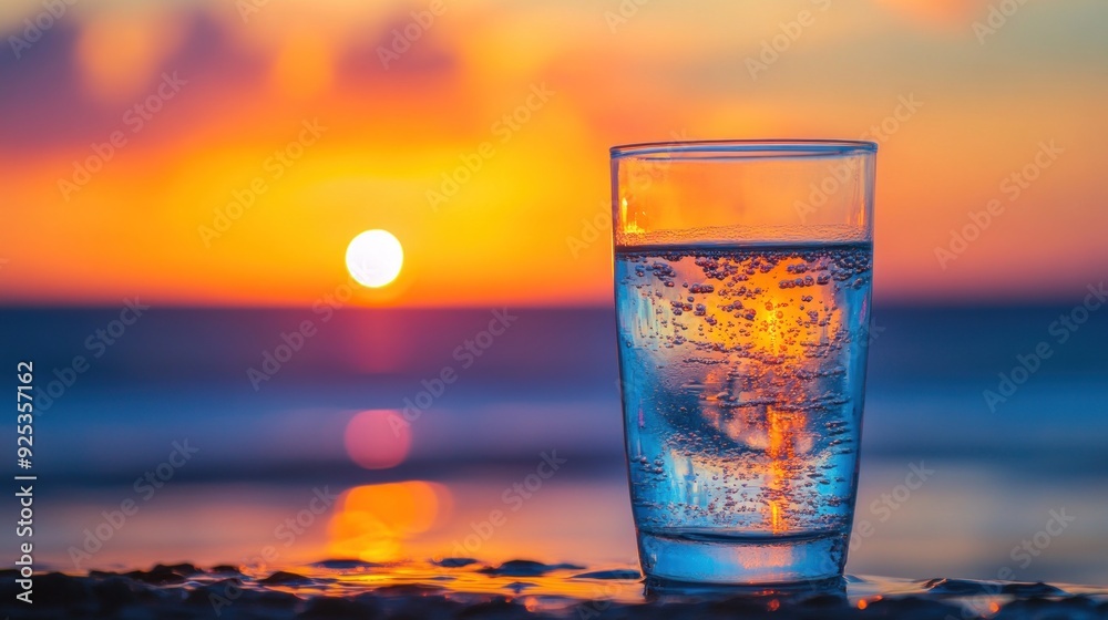 A Glass of Water with Bubbles Against a Sunset Over the Ocean A Glass of Water with Bubbles Against a Sunset Over the Ocean