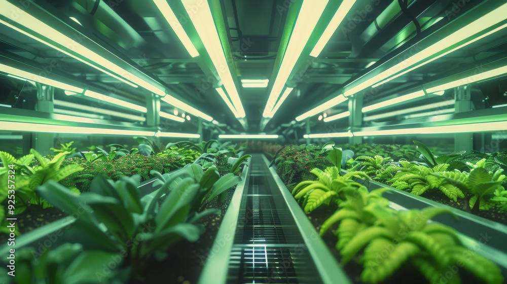Rows of vibrant green plants thrive under bright, artificial lights in a sophisticated indoor farming setup, showcasing modern agricultural innovation. Rows of vibrant green plants thrive under bright, artificial lights in a sophisticated indoor farming setup, showcasing modern agricultural innovation.